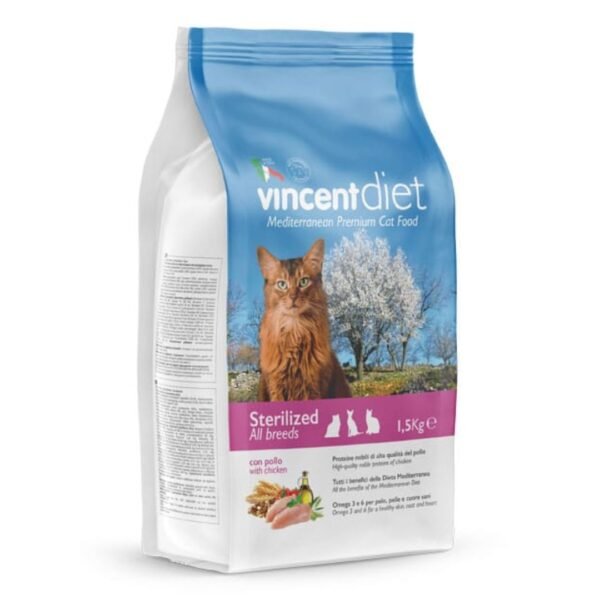Vincent Diet sausas sterilizuotų kačių maistas su vištiena 1,5 kg