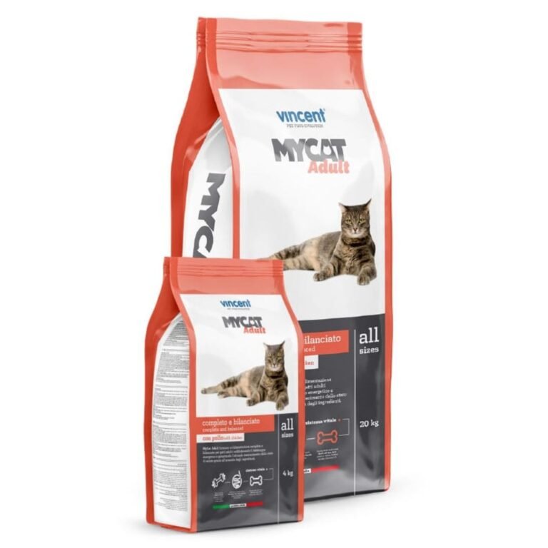 Sausas kačių pašaras Mycat Adult su vištiena, 4 arba 20 kg pakuotė – visavertis maistas suaugusioms katėms