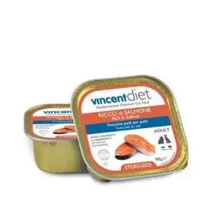 Lašišos paštetas Vincent Diet – visavertis šlapias maistas suaugusioms visų veislių sterilizuotoms katėms.