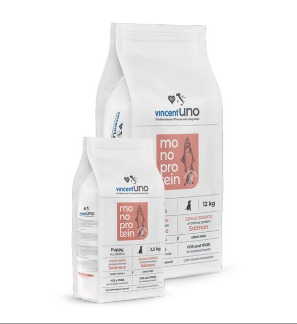 Vincent uno jaunų šuniukų maistas su vienu baltymu-lašiša