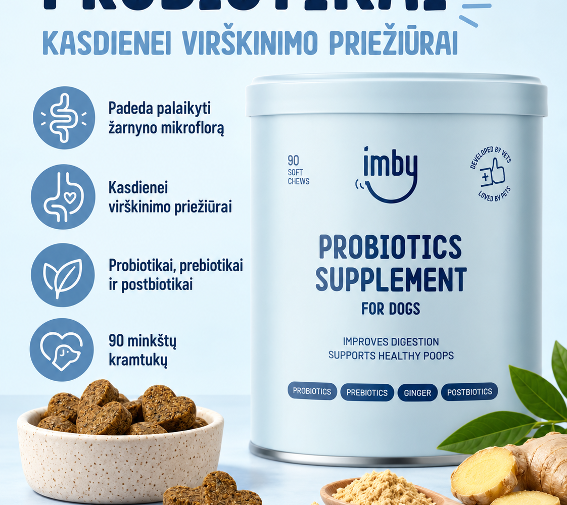 „Imby Probiotics“ papildų šunims pakuotė, minkšti kramtukai ir informacija apie virškinimo priežiūrą.