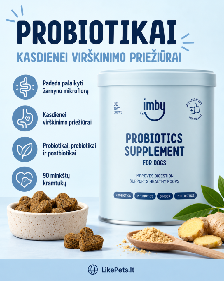 „Imby Probiotics“ papildų šunims pakuotė, minkšti kramtukai ir informacija apie virškinimo priežiūrą.